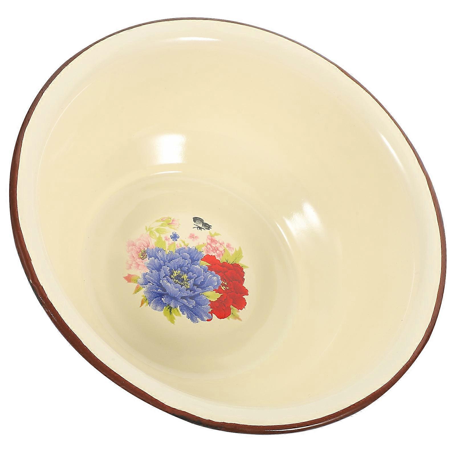 Old-fashioned Enamel Salad Bowl Set Of 3Pcs Ideal For Home Use Serving Noodles Soup And Mixing Salad Beige Color 16X16X5.5CM