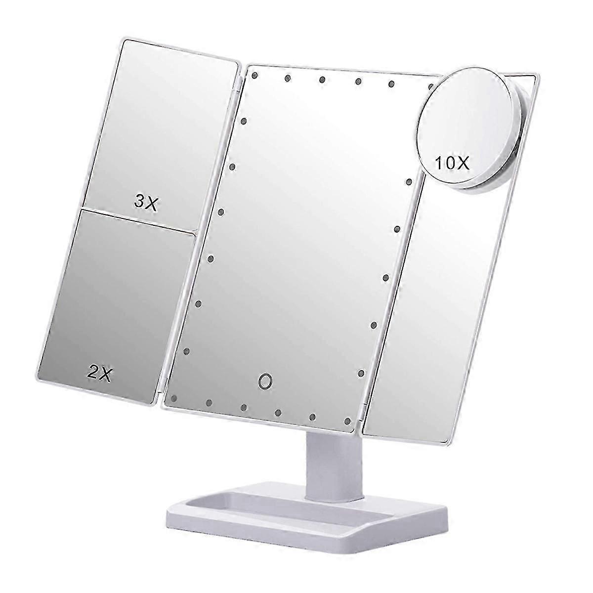 Trifold Makeup Mirror with 22 LED Lights,10X/3X/2X Magnification Portable Fold Lighted Table Desk Co