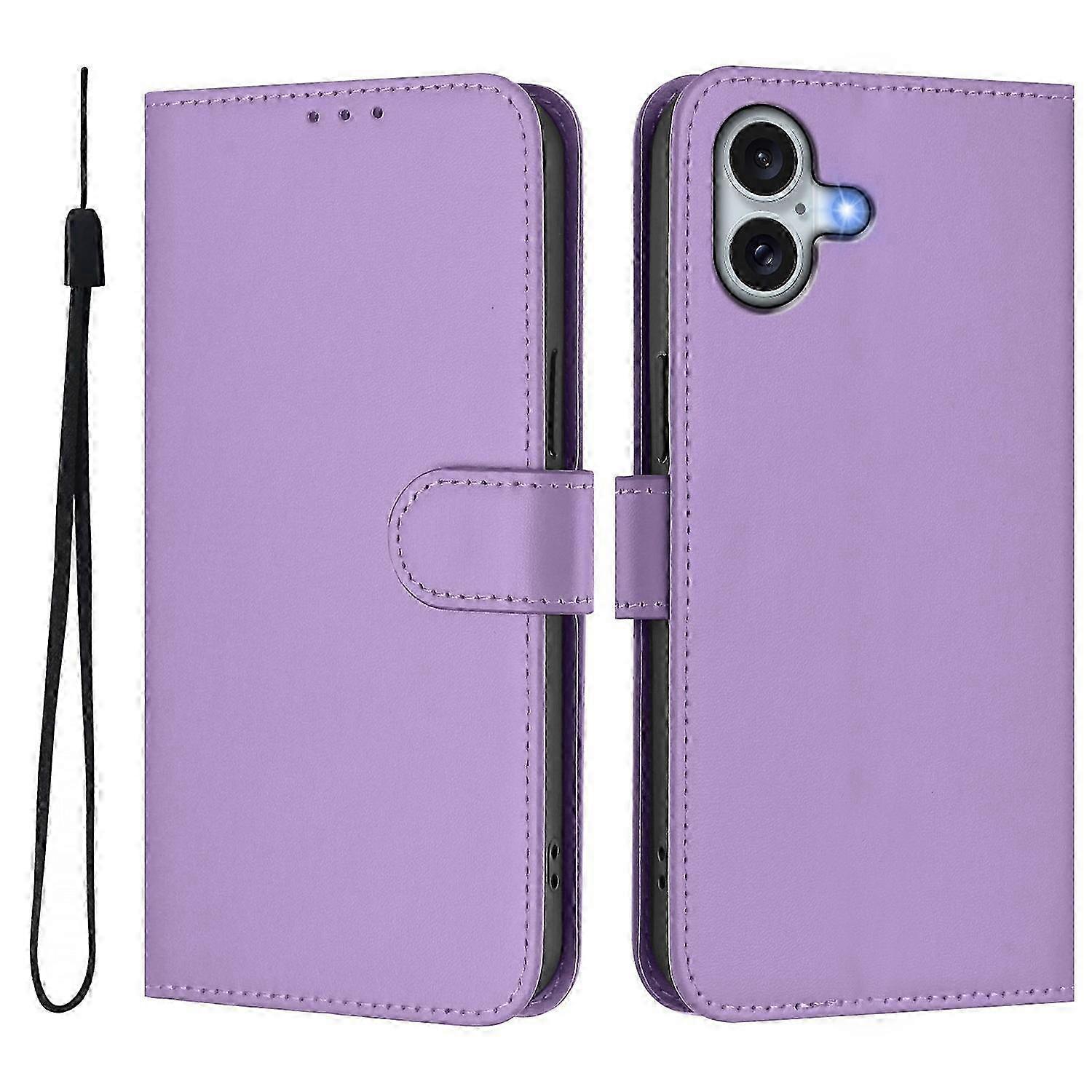 iPhone 16 Plus Solid Color Leather Case with Strap - Wallet Style Cover in Lavender