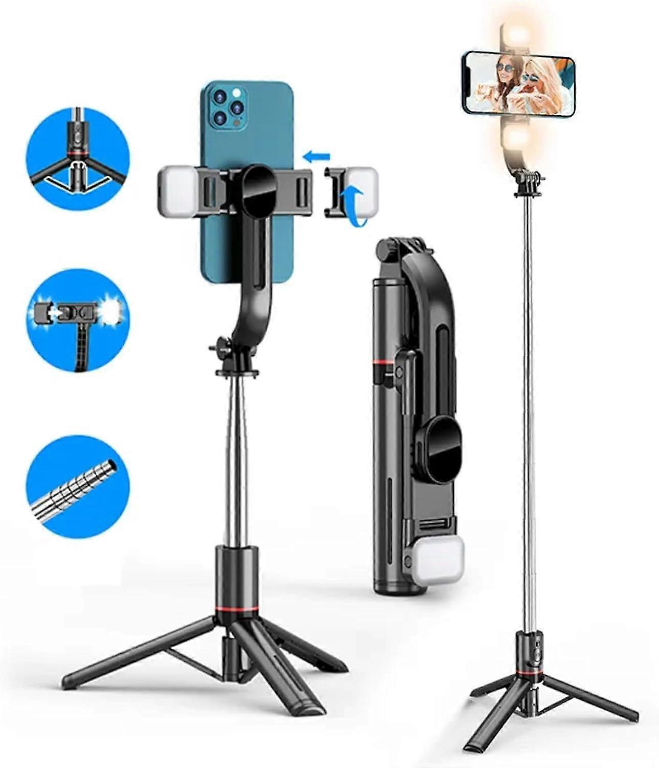 Perche à selfie avec trépied ou prise en main, extensible jusqu'à 116 cm, avec télécommande sans fil et éclairage optionnel, rotation à 360°, portable et mobile.