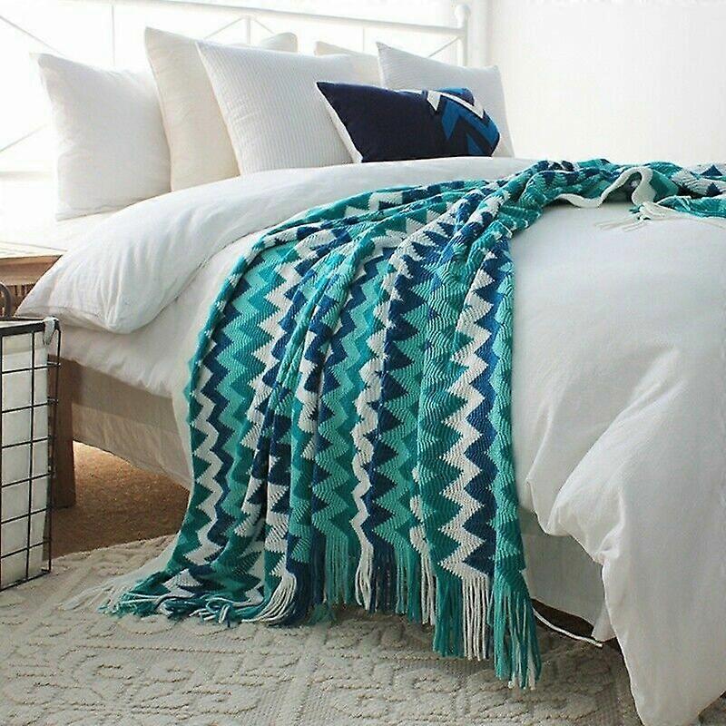 Ethnic Blanket Boho Bohemian Stripe Wave Knitted Sofa Bed Couch Throw Tassel