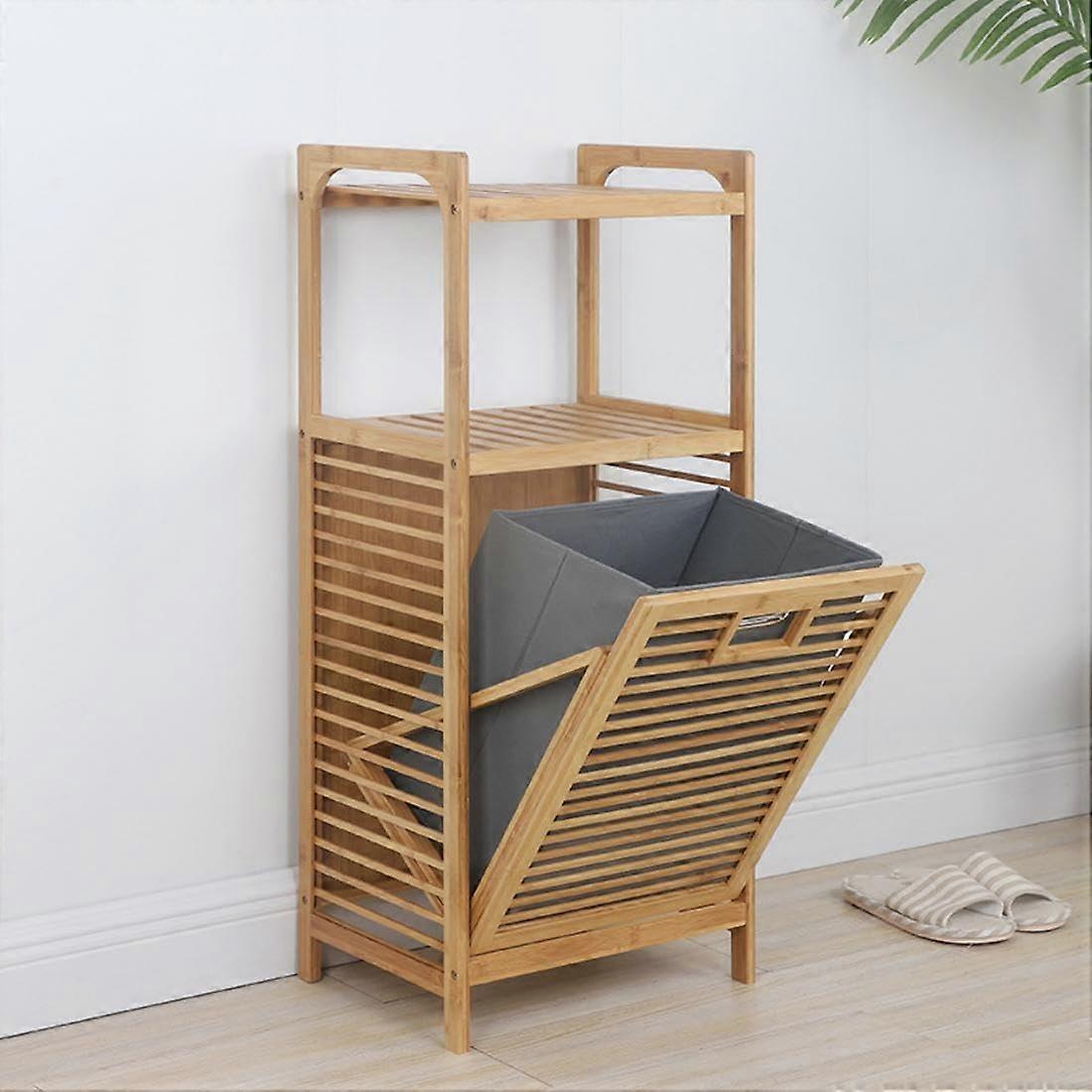 Tilt Out Laundry Hamper with Slatted Door and Shelf, Pull Out Basket with Removable Liner for Bedroom Laundry Room