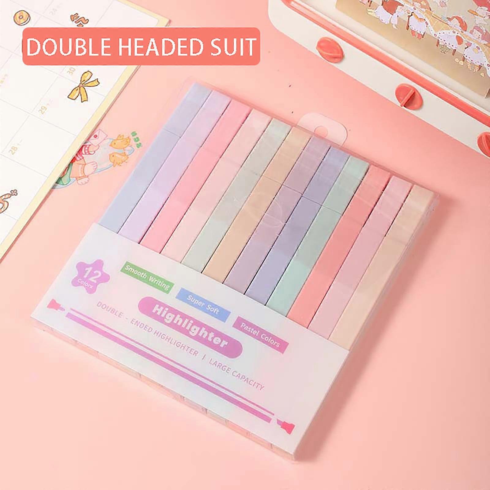 12Pcs Pastel Highlighters Set, Single & Double Ended, Soft Tip, Aesthetic Design, Multicolor - 1ml each