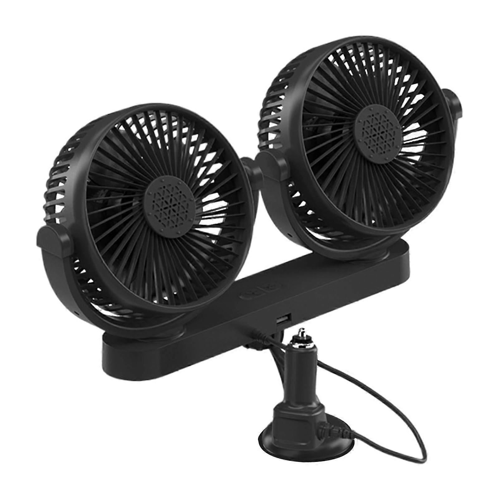 Car Fan Dual Head 360° Rotating Portable with Suction Cup for 12V/24V Vehicles, 2 Pack