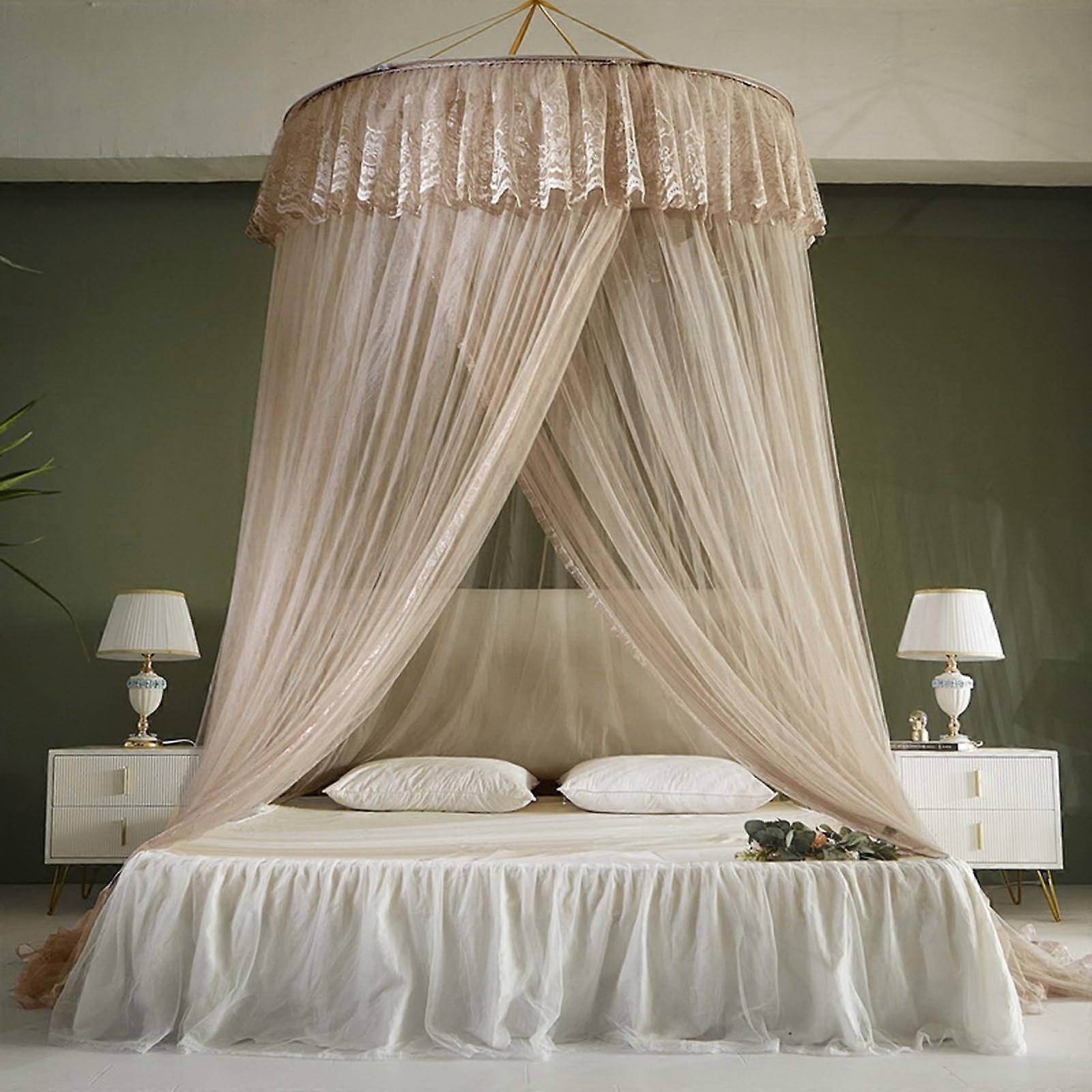 Mosquito Net Bed Canopy for Girls with Round Lace, Breathable Fabric, Fits All Bed Sizes, Brown