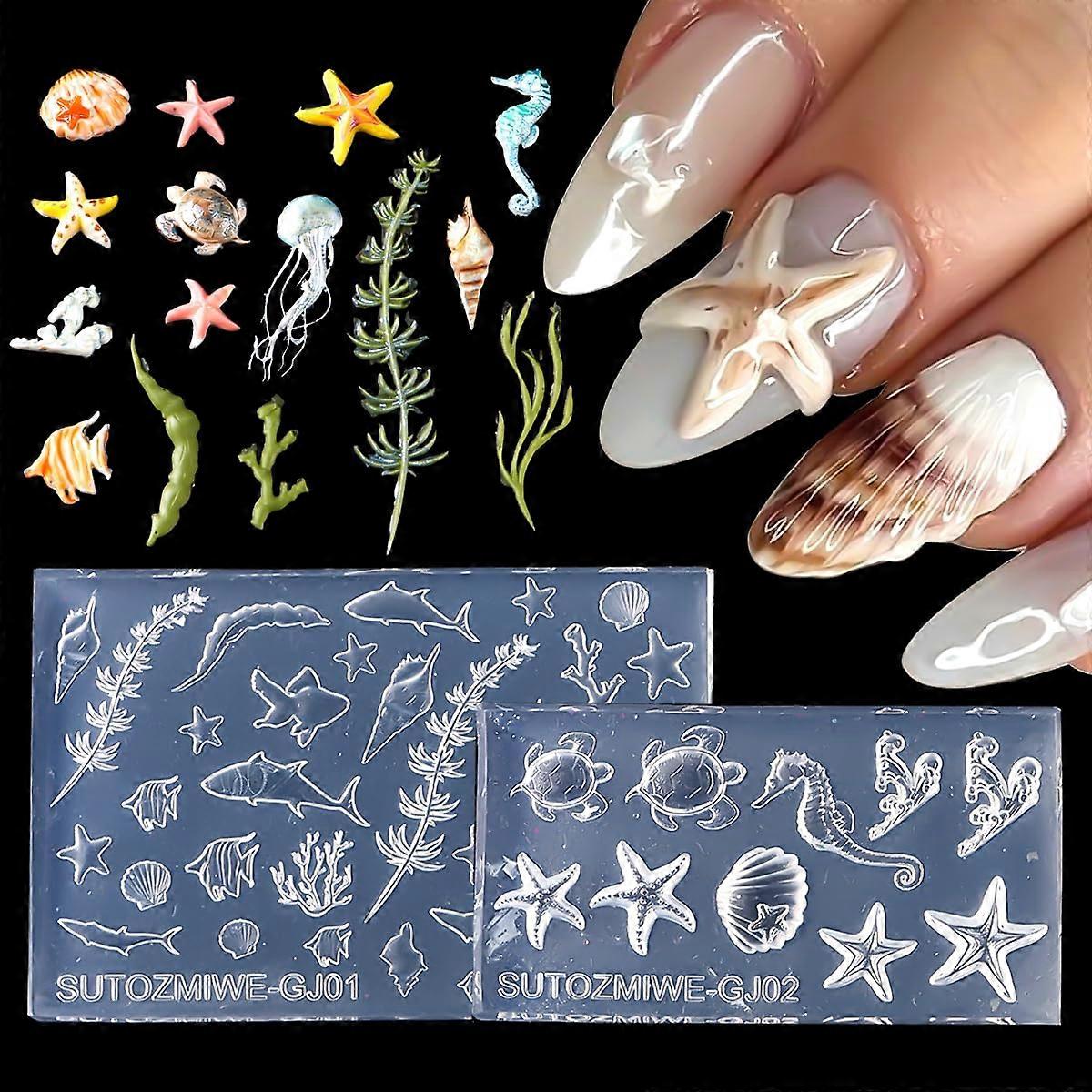 2Pcs Silicone Nail Molds with 3D Ocean Patterns Starfish Seashell Jellyfish for DIY Manicure