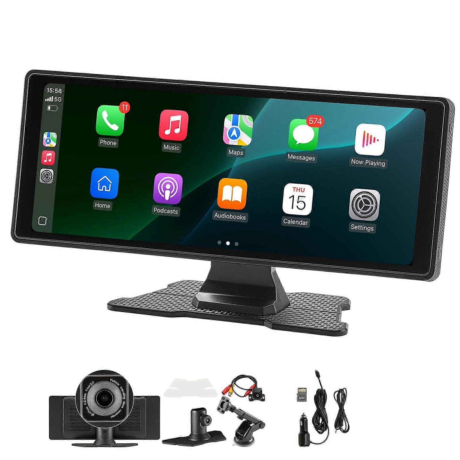 Wireless CarPlay Screen 10Inch HD Touchscreen Stereo with GPS, 4K Front and 1080P Backup Camera