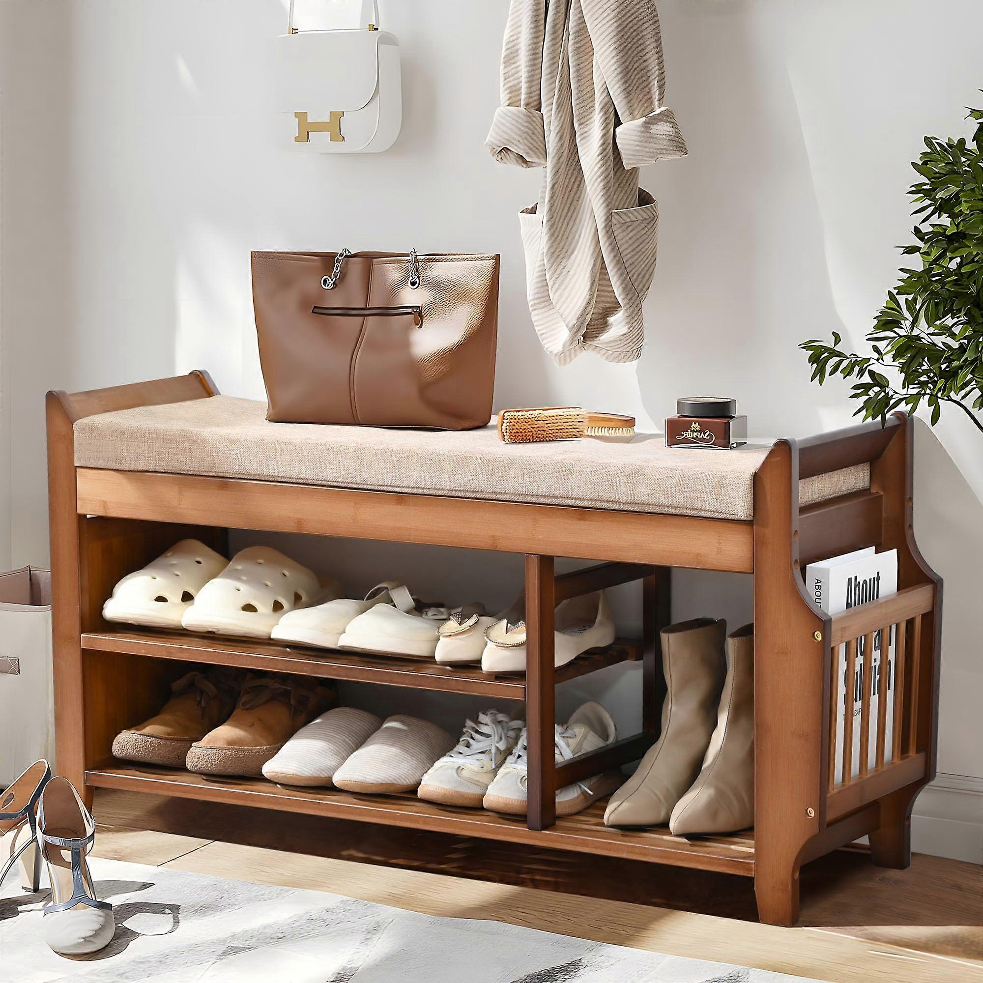 Bamboo Shoe Storage Bench with Cushion, 2Tier Entryway Shoe Rack with Hidden Drawer and Side Holder