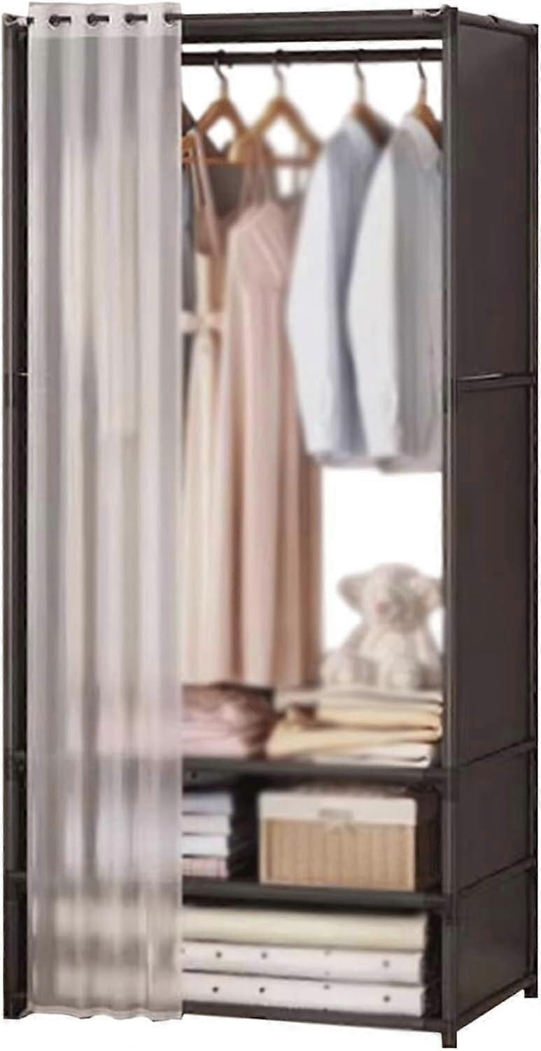 Portable Wardrobe with Hanging Rod and Shelves, Steel Frame Clothes Storage Organizer, Single Row Black B