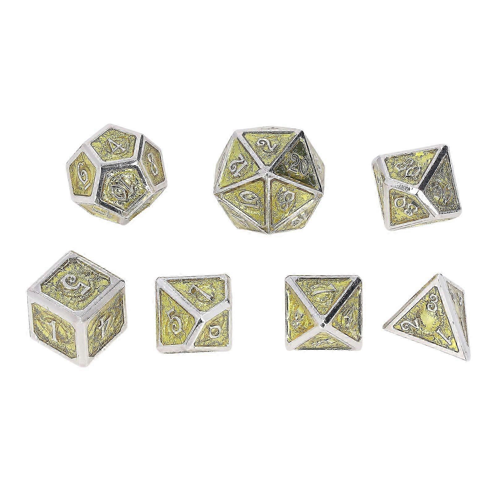 7Pcs Metal Dice Devil Eye Pattern Delicate Polyhedron Dices for Game Math Teaching Yellow