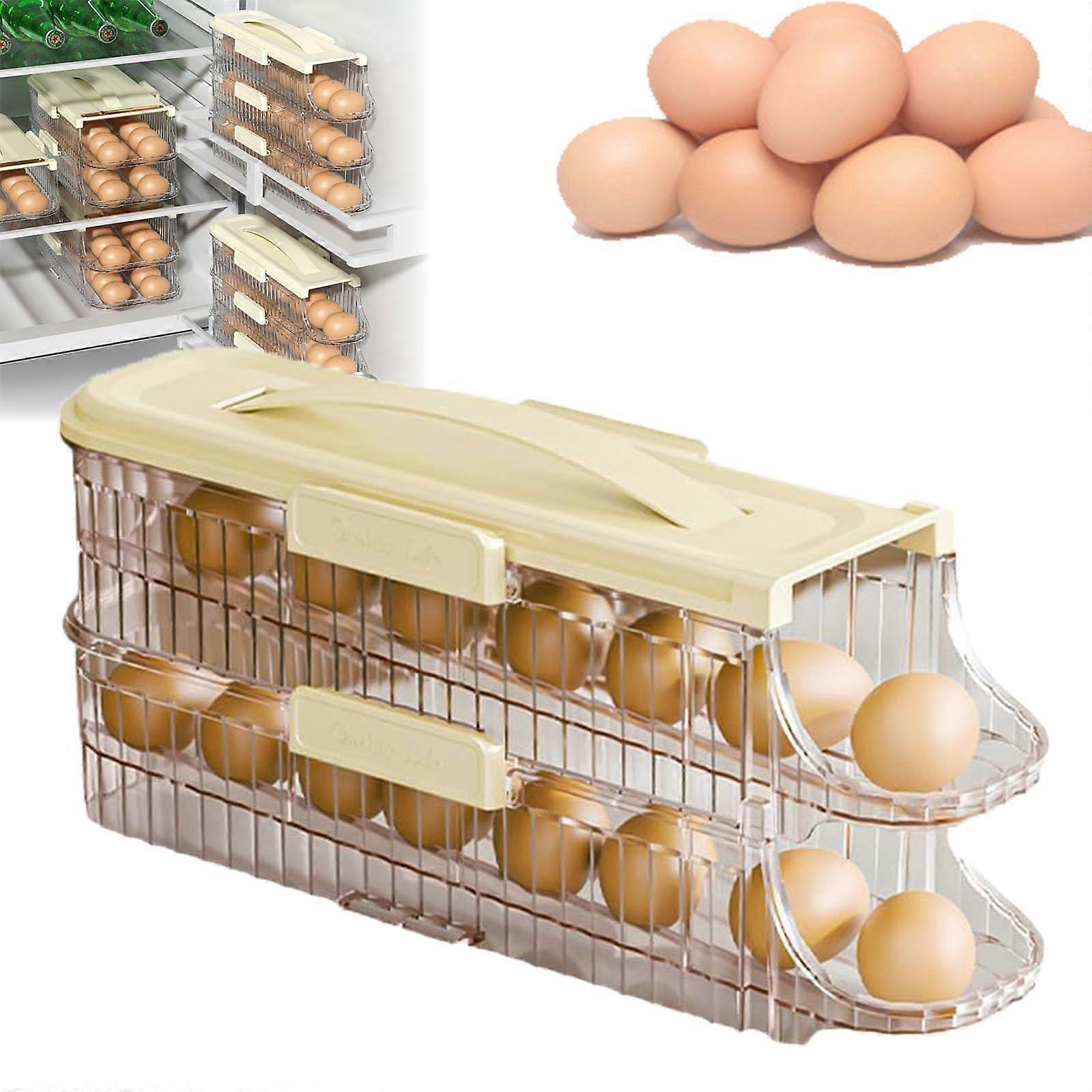 Egg Holder for Refrigerator, Automatic Rolling Egg Organizer with Lid, Stackable 2 Level White