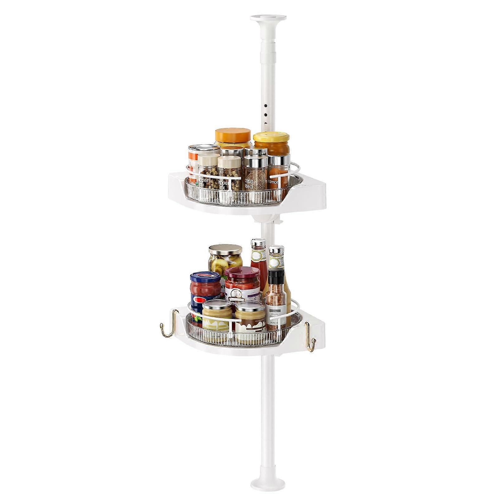 Kitchen Corner Organizer 360° Rotating Adjustable Height 2 Tier RustResistant Shelf with Hooks