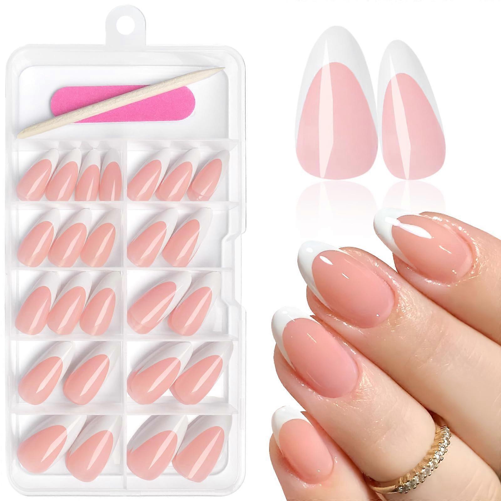 120pcs Medium Almond White French Tip Press on Nails, BreakResistant Soft Gel Reusable Kit