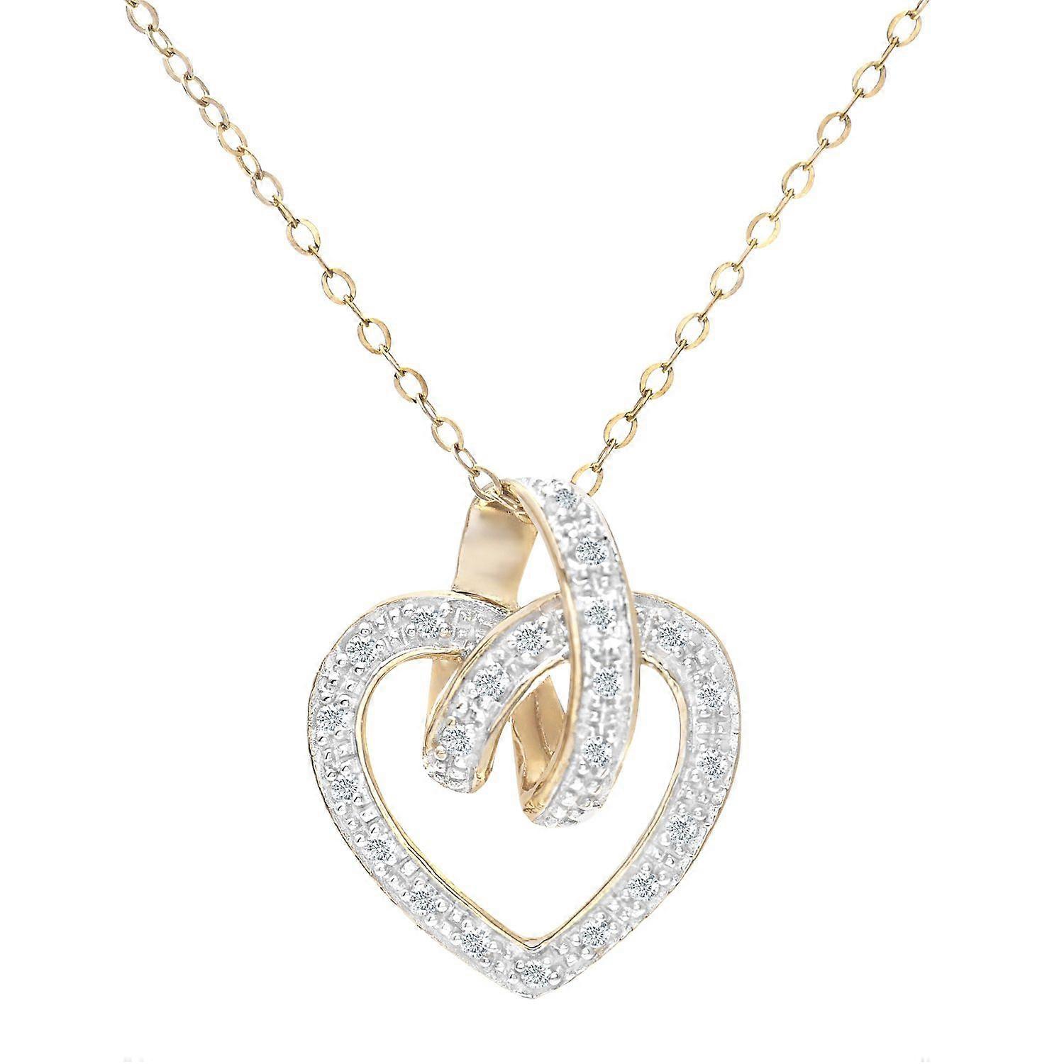 Jewelco London 9ct 黄金圆形 10 分钻石心形吊坠项链 18 英寸 46 厘米