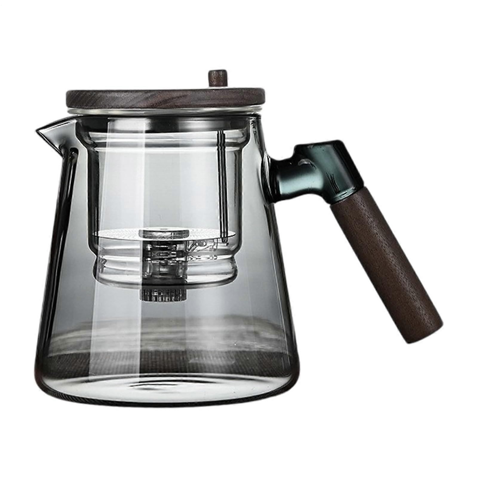 Glass Teapot with Infuser, Heat Resistant Borosilicate, Automatic Tea Separation, Wood Handle, Grey