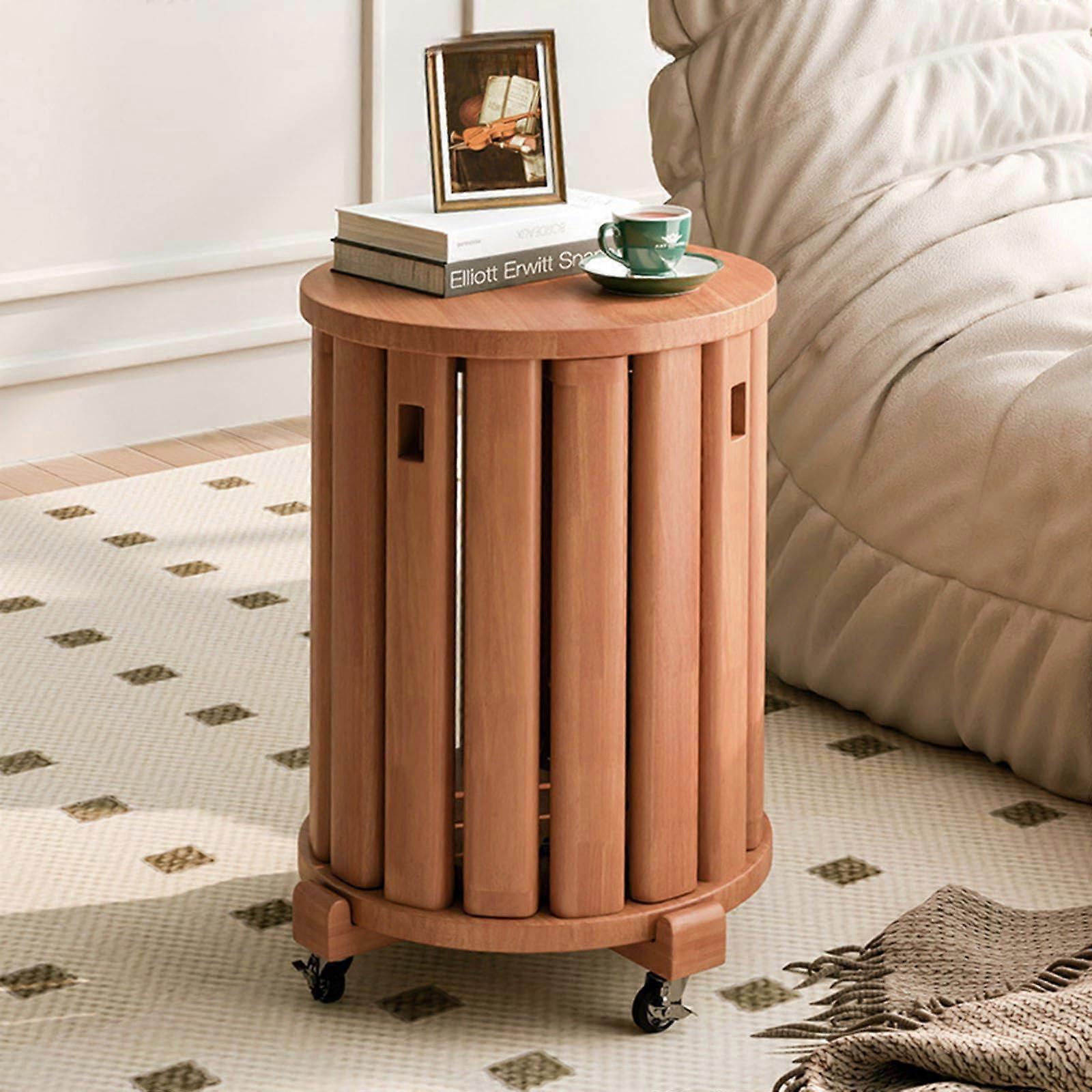 4Piece Light Brown Solid Wood Round Stool Set with Movable Wheels, Stackable SpaceSaving Design for Living Room