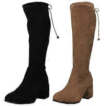 Ladies Spot On Mid Block Heel Back Tie High Leg Wide Fit Boot F51245 - Black Textile (Microsuede) - UK Size 8 - EU Size 41 - US Size 10
