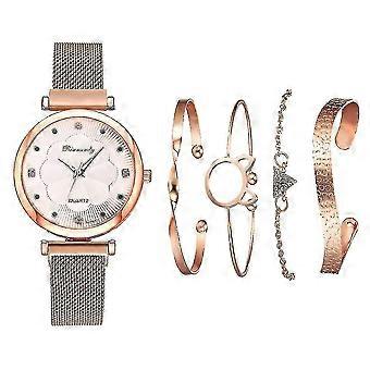 Ladies Fashion Simple Mesh Belt Magnetite Quartz Watch + Bracelet Set