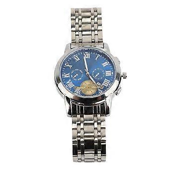 Men Quartz Analog Chronograph Watch Accurate Timekeeping Stainless Steel Case Silver Shell Blue Dial Business Casual Wristwatch