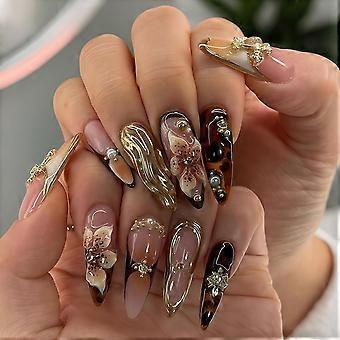 24 longs ornements pour ongles bruns en forme d'amande, décorés de fleurs et de détails dorés, faits main, effet 3D, réutilisables, adaptés