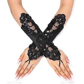 Satin Wedding Gloves with Sequin Lace and Beads - Short Fingerless Gloves for Women
