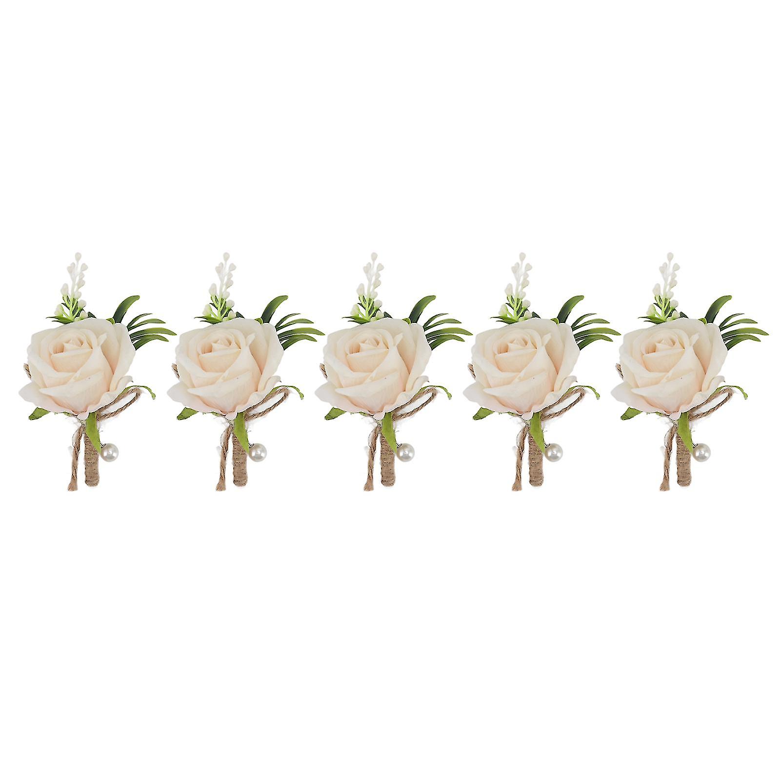 5PCS Artificial Groom Rose Pin Fixed Plastic Artificial Flower Corsage for Bride and Groom Champagne