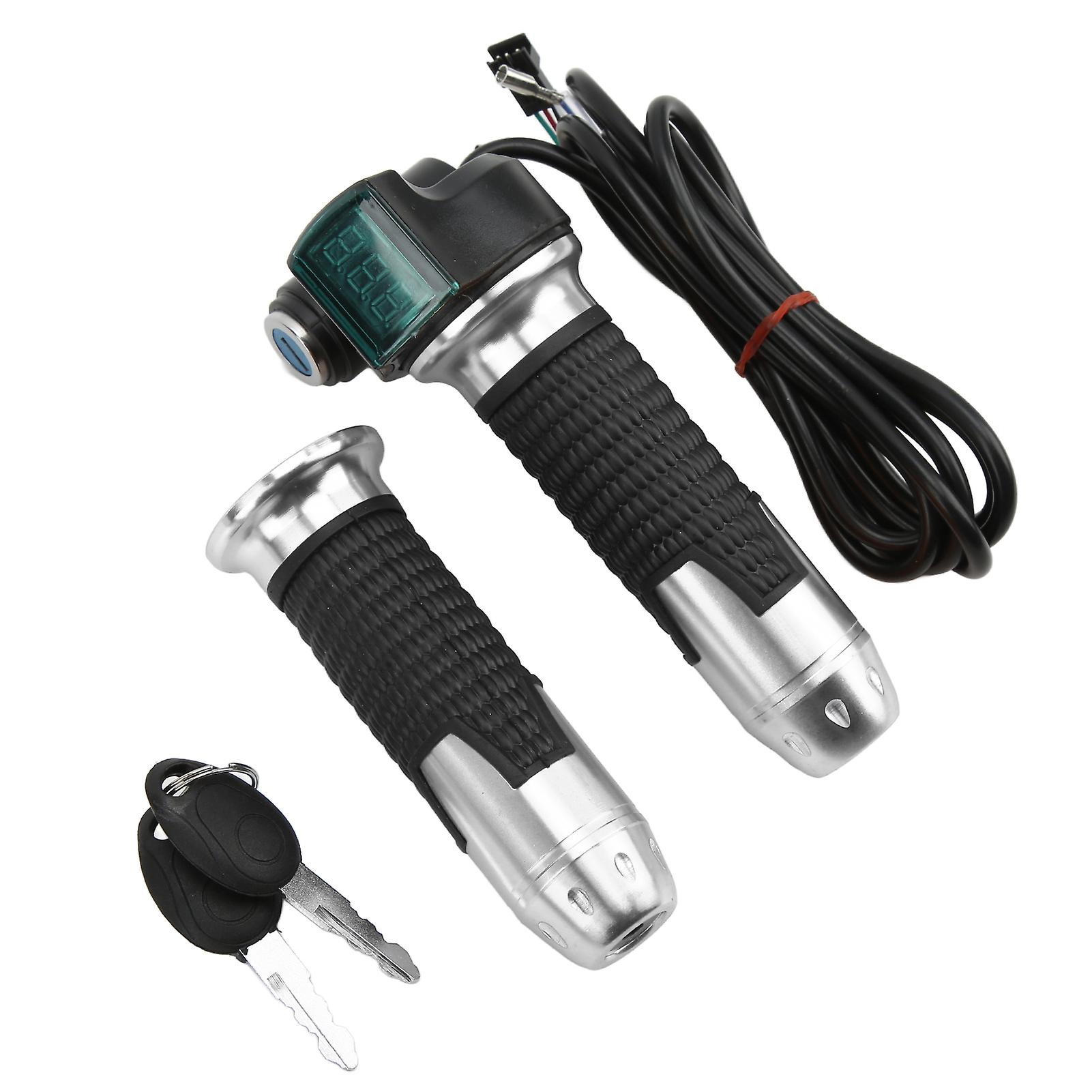 2PCS Electric Bike Accessory Speed Control Throttle Grip with Green Digital Display Grain PatternSilver Handle Cover