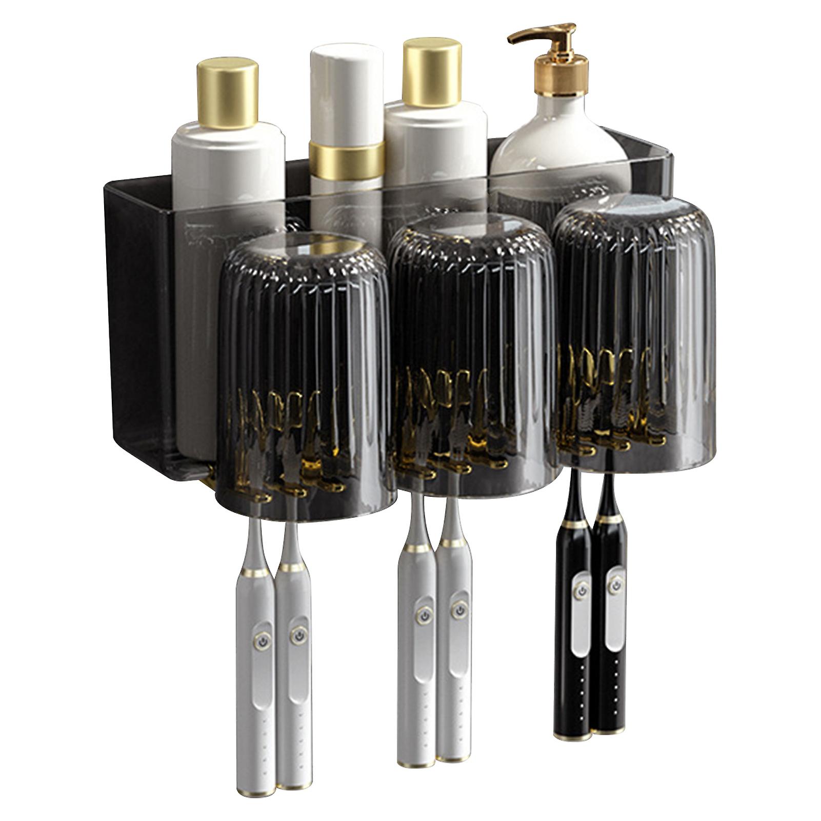 Wall Mounted Toothbrush Holder with 3 Cups, Black, Durable Plastic