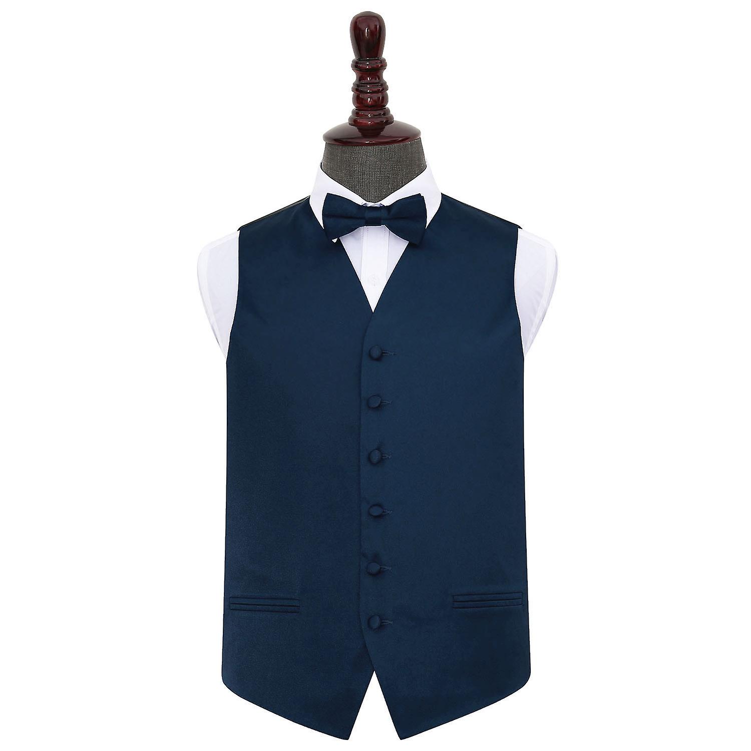 Marinblå slätt satinbröllopsväst och fluga set