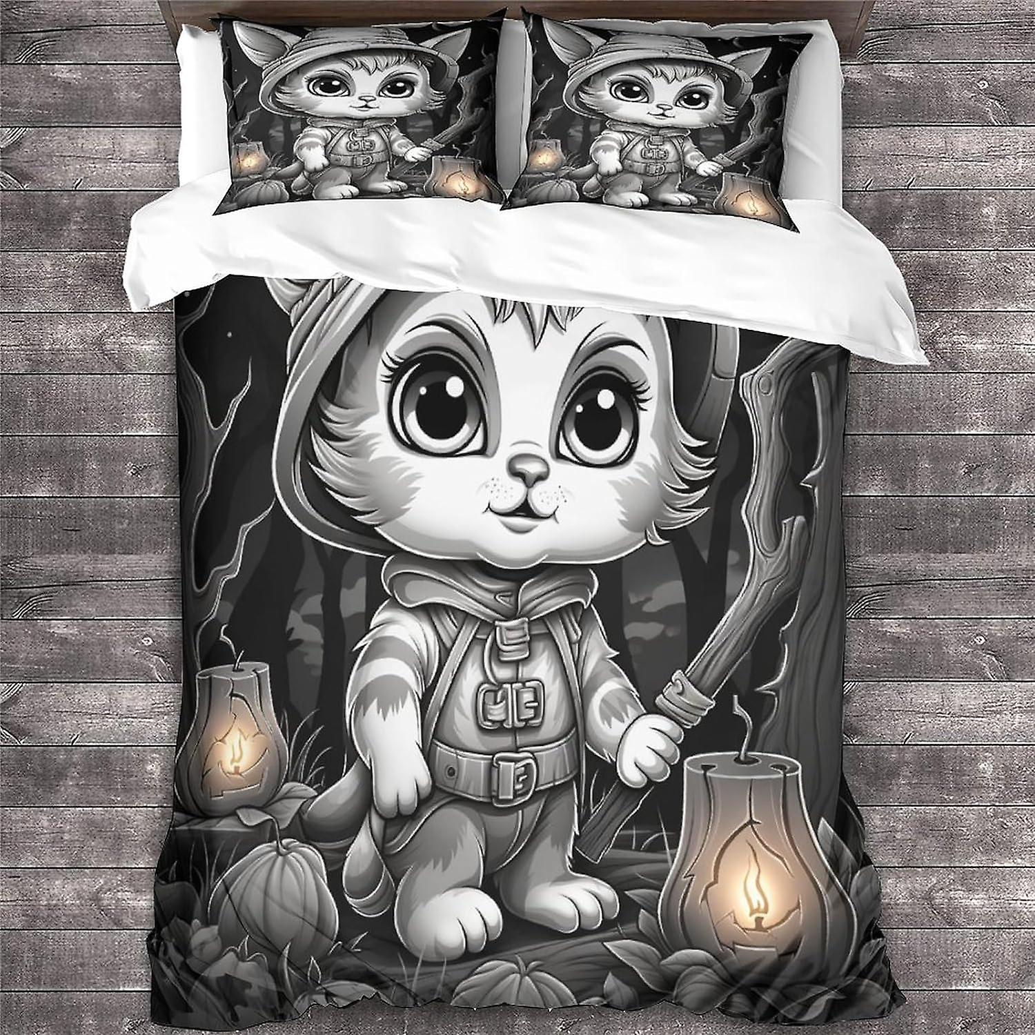 LikeEj Katt 3D Halloween Påslakan Set Djurmönster Tryckt Sängkläder Påslakan Med Dragkedja 3 Stycken Mjukt Täcke Täcke