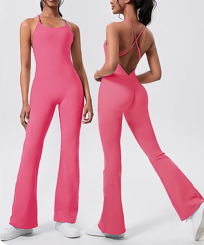 Women Strappy Backless Workout Jumpsuit Spaghetti Strap Romper Highly Elastic Hip Lifting Tummy Tucking U Neck With Pad and Flared Leg
