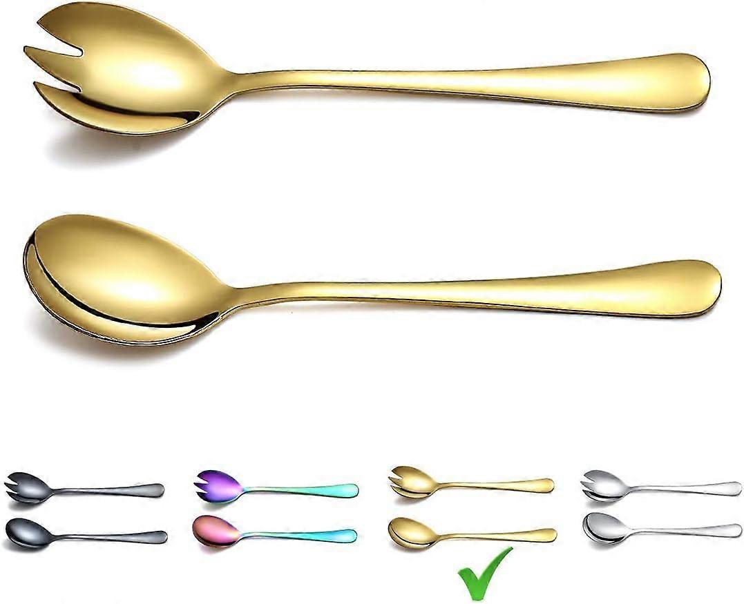 Roestvrij staal salade serveerset met titanium kleurrijke plating, salade servers, salade vork, 2 stuks (goud)