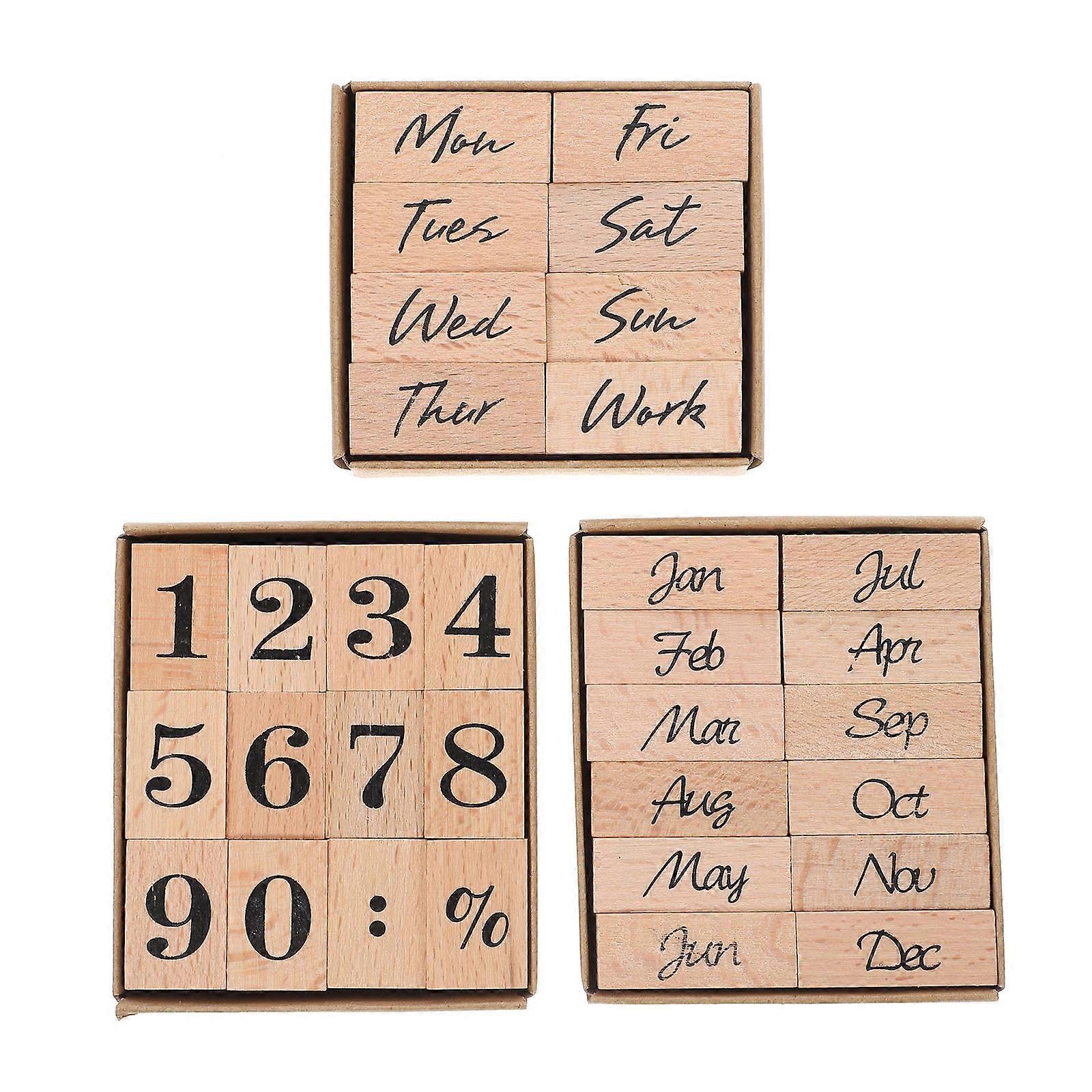 32pcs Months Week Number Design Wooden Stamps Decorative Stamps for Cards Making (Number, Week, Month)