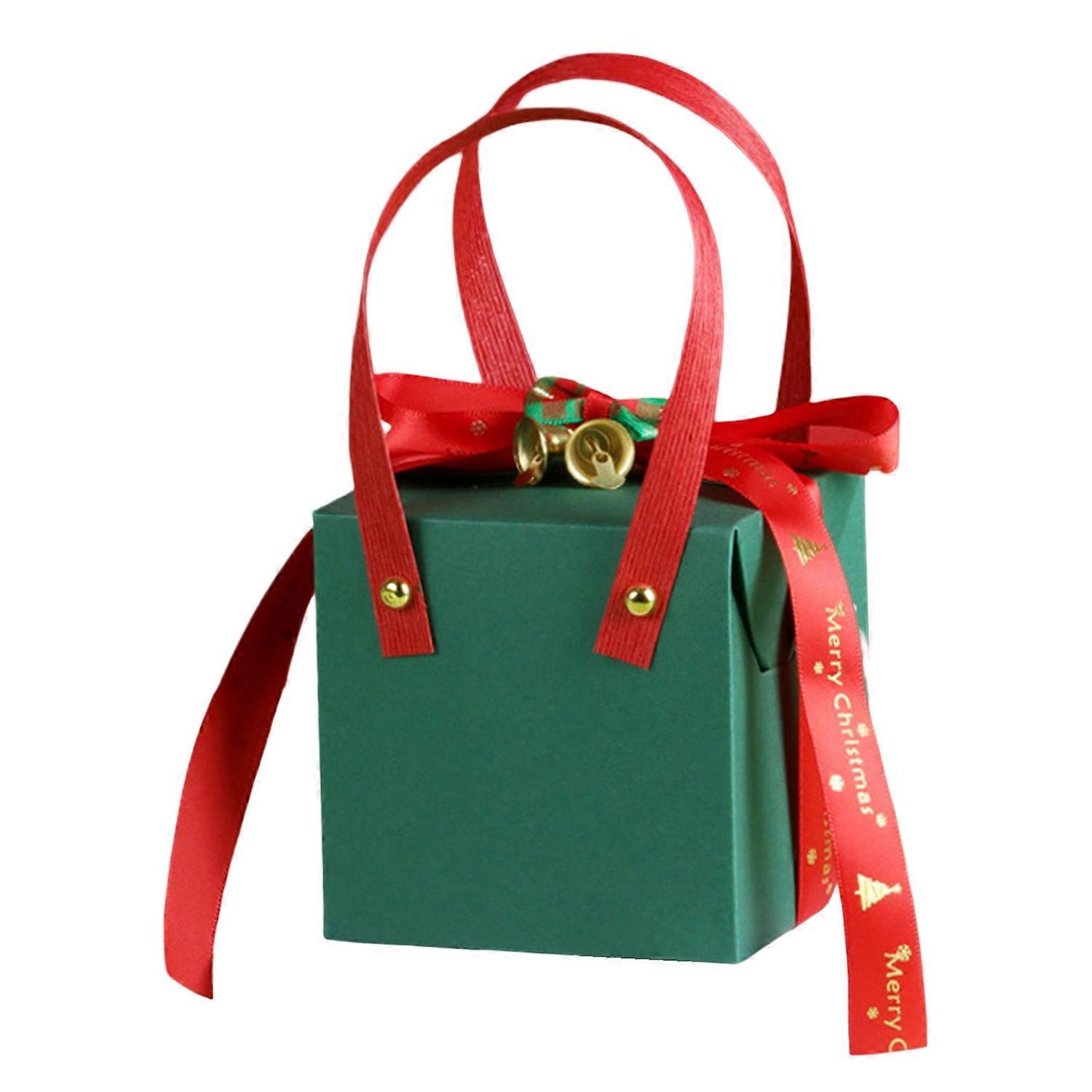 Classic Red Christmas Gift Box with Handle Bowknot Ribbon Bell Decor Letter Print Cubic Present