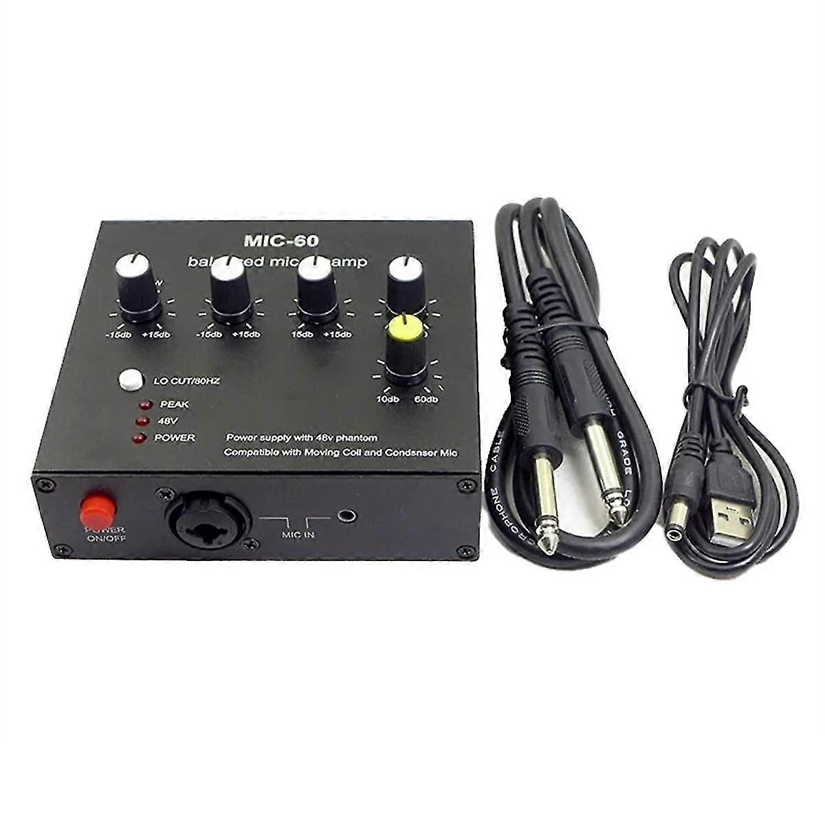 Mic-60 3-Band-Equalizer Symmetrischer Mikrofonvorverstärker Mikrofonvorverstärker mit DC-Kabel und 6,5-mm-Kabel