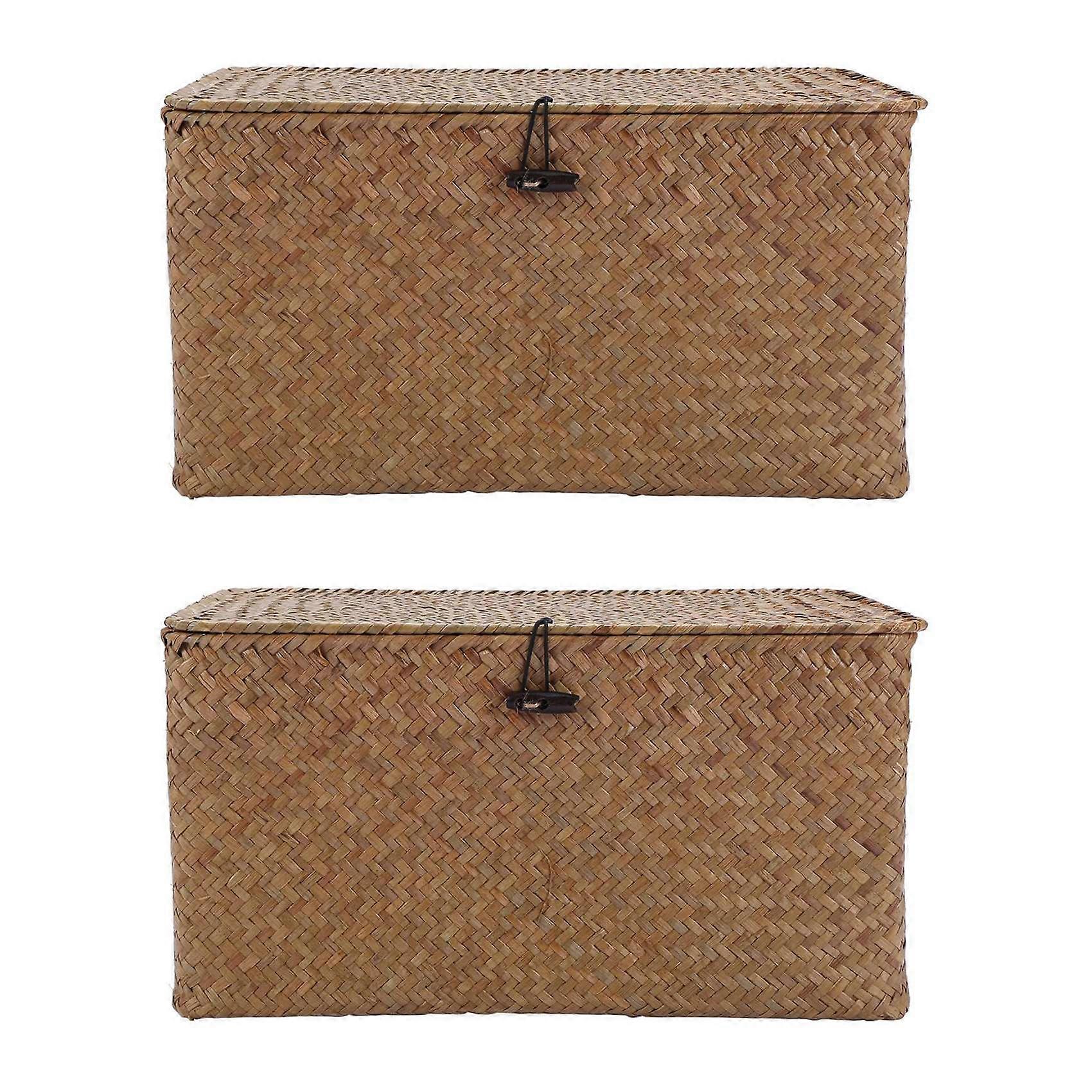 2X Handmade Straw Woven Storage Basket with Lid Makeup Organizer Storage Box Seagrass Laundry Baske