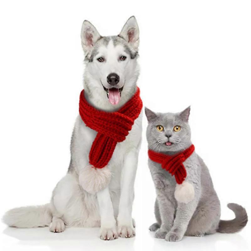 MIMIGO Cat Christmas Knitted Scarf with White Pompom Pet Warm Collar Winter Holiday Dog Accessories for Small Medium Cats Dogs Lovely Winter Outfits