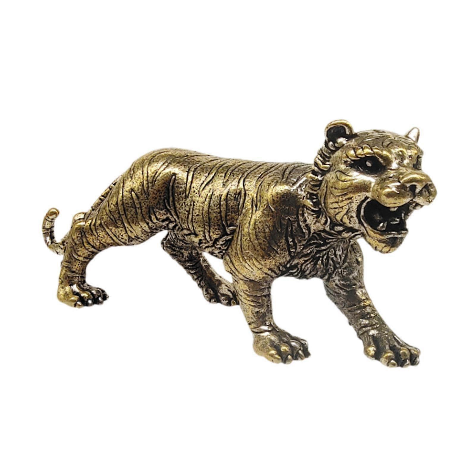 Brass Tiger Statue Craft Vivid Ornament Sculpture for Bookshelf Desk Bedroom