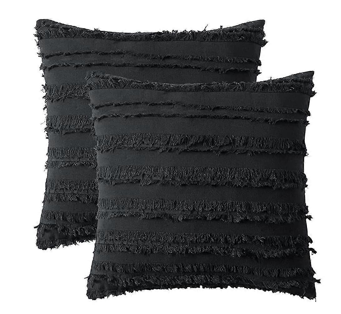 Set of 2 decorative bohemian linen cushion covers with striped jacquard patternblack