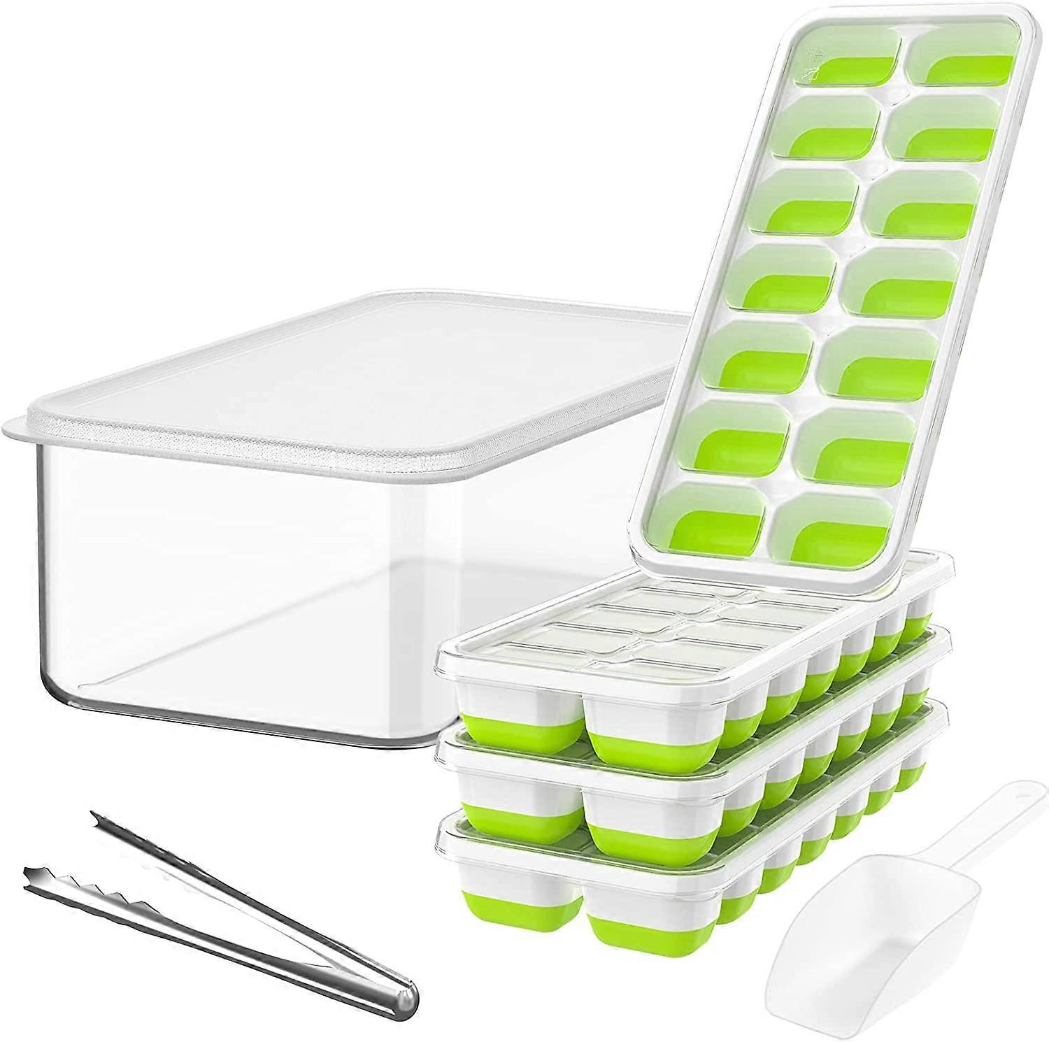 4 muovista kannellista jääpala-astiaa, kannellinen jäälaatikko jään säilyttämiseen, jääpidikkeet ja lastat pakastimeen (vihreä)