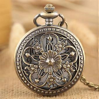 Elegancia Flores Bronce Hueco Hunter Reloj de Bolsillo Movimiento de Cuarzo Vintage Exquisito Joyería De La Señora Colgante Reloj Regalos 2019