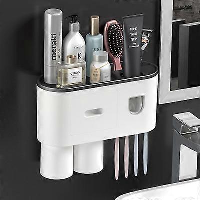 Automatic Toothpaste Dispenser Wall-Mounted Squeeze Kit with Toothbrush Holder, 4 Toothbrush Slots with Lid, Multi-Function Toothbrush Organizer (2 Cu