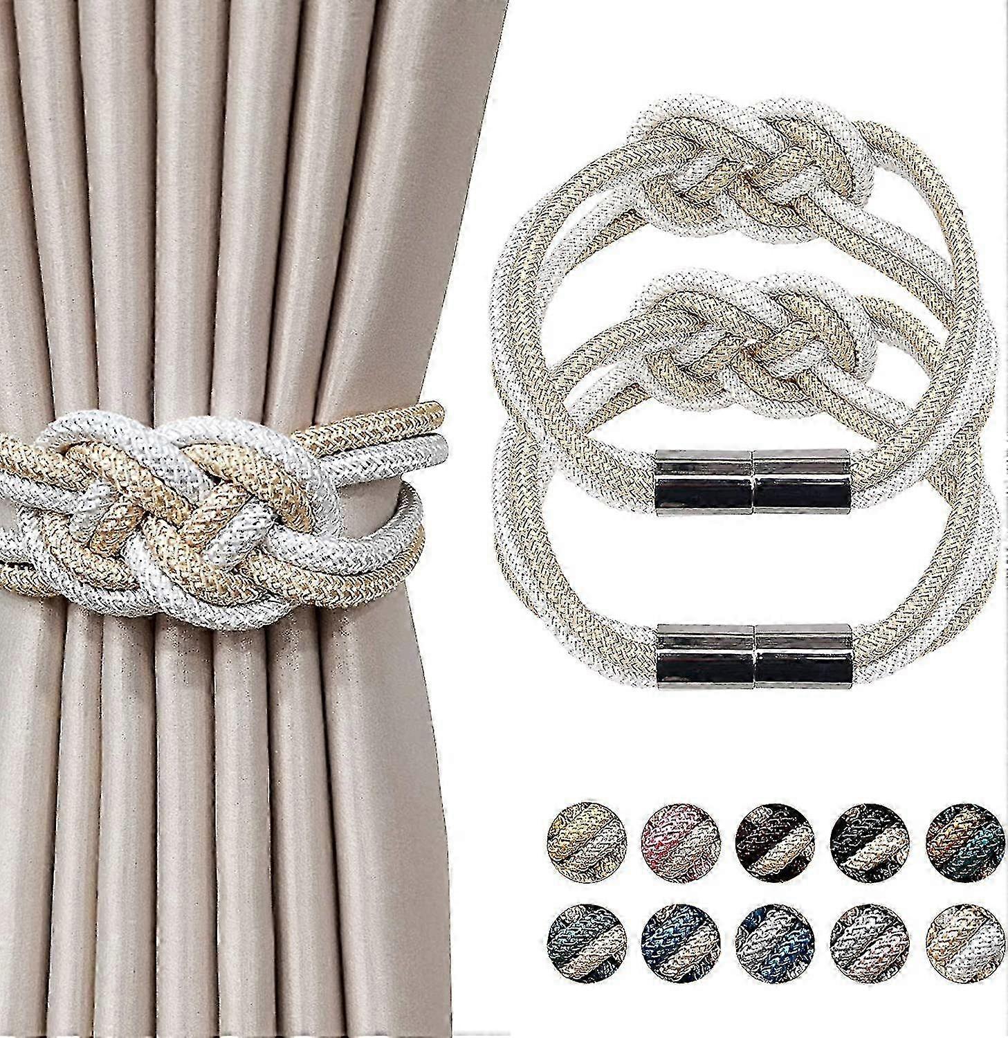 Upgrade Magnetic Curtain Tiebacks - Simple Style Drape Tie Backs With Double Color Weave Rope Knot (2-pack)