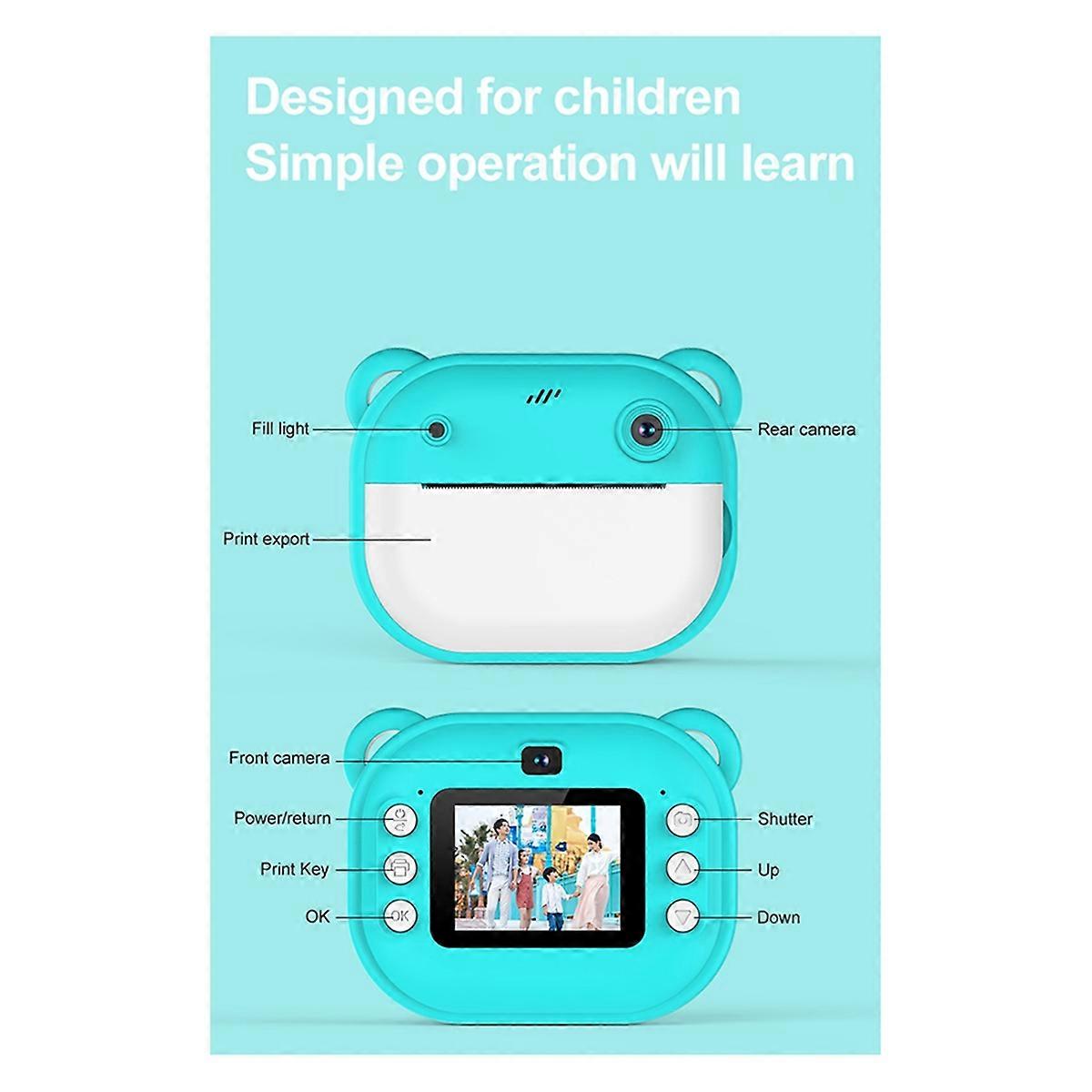 HD Printing Camera, Cartoon Mini Dual Camera, One-Buttonh Printing Camera, with 2 Rolls of Printing Paper A