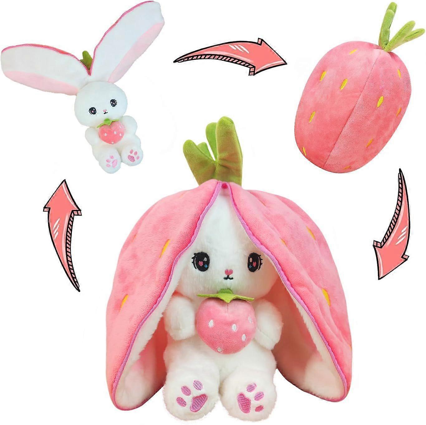 Bunny Stuffed Animal Reversible Cuddle Bunny Stuffed Pillow, Strawberry Bunny Transformed Rabbit Plush Zipper, 25cm Cute Kawaii Rabbit Toys for Kids