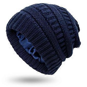 Damen Wintermütze, Satin-gefüttert, Strickmütze für Damen, Winter, warm, dick, Schneekappe, Marineblau