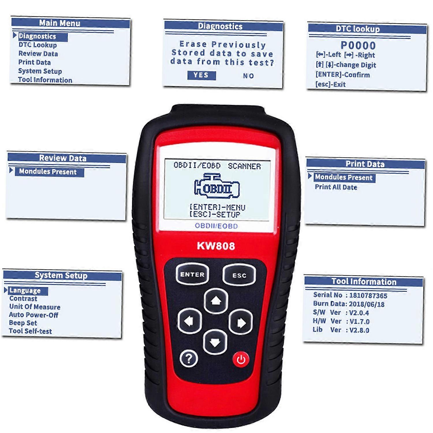 KONNWEI OBDII / EOBD Cars Code Reader and Auto Scanner Detection Decoder KW808