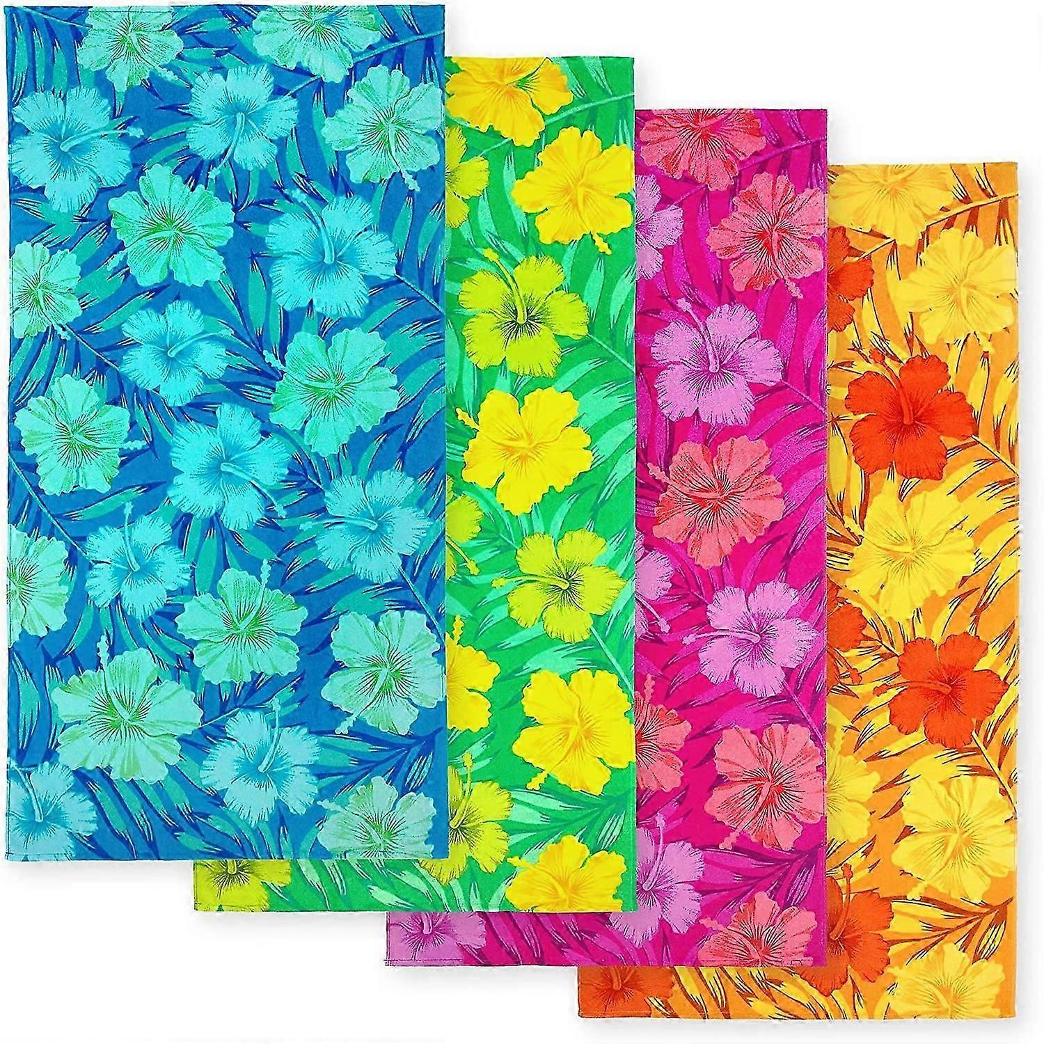 Colorful, Soft, Absorbent Hibiscus Reactive Beach Towels, 4-Pack