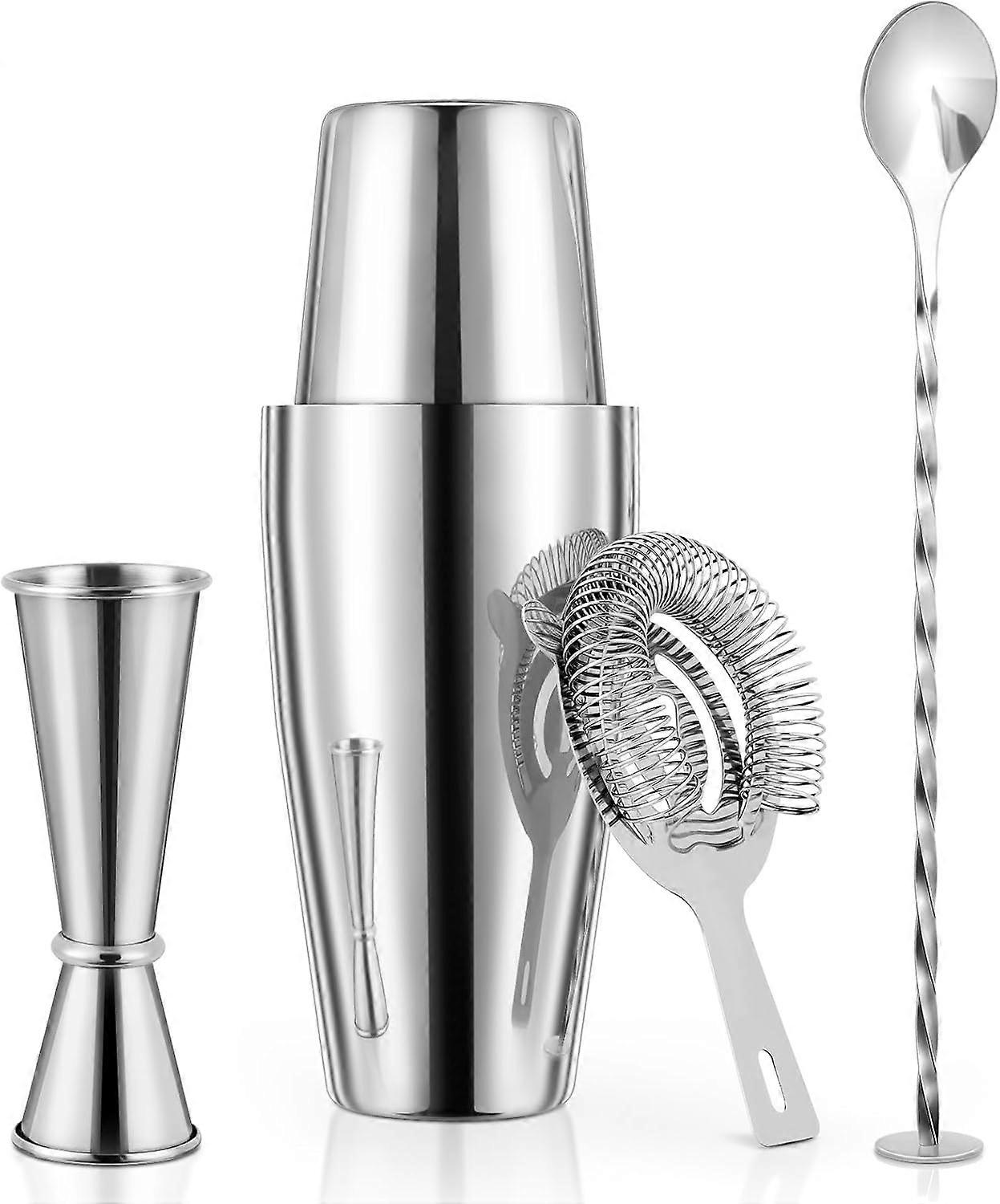 4 Pieces Professional Cocktail Shaker Set for Bartending in Stainless Steel with Double Jigger and Strainer