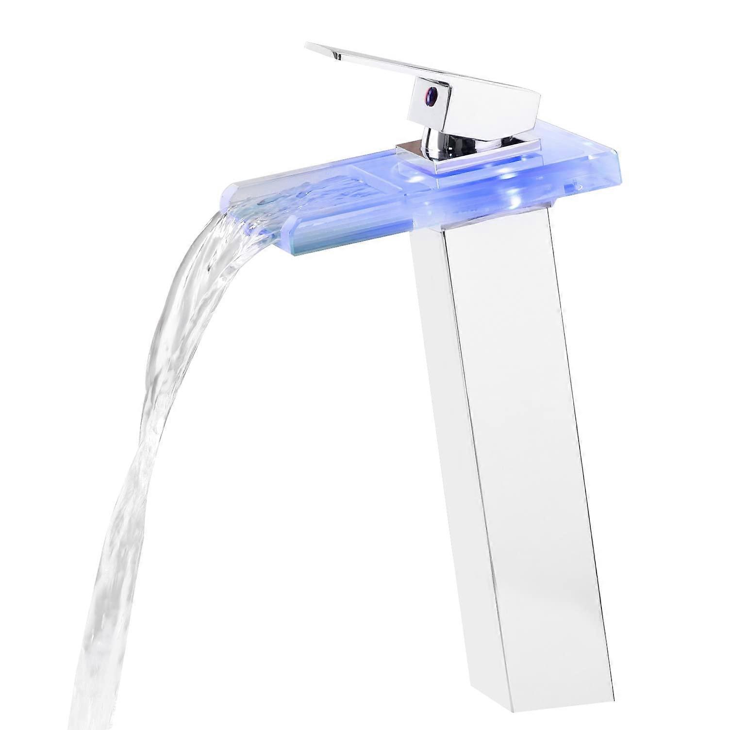 LED Bathroom Sink Faucet, Tall Vessel Sink Faucet Waterfall Single Handle 1 Hole and 2 Water Supply Lines, Brass Faucet with Open Glass Spout